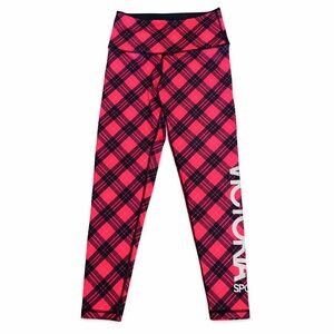 Victoria's Secret Sport 7/8 Leggings Red Plaid Gold Logo Women's Medium New